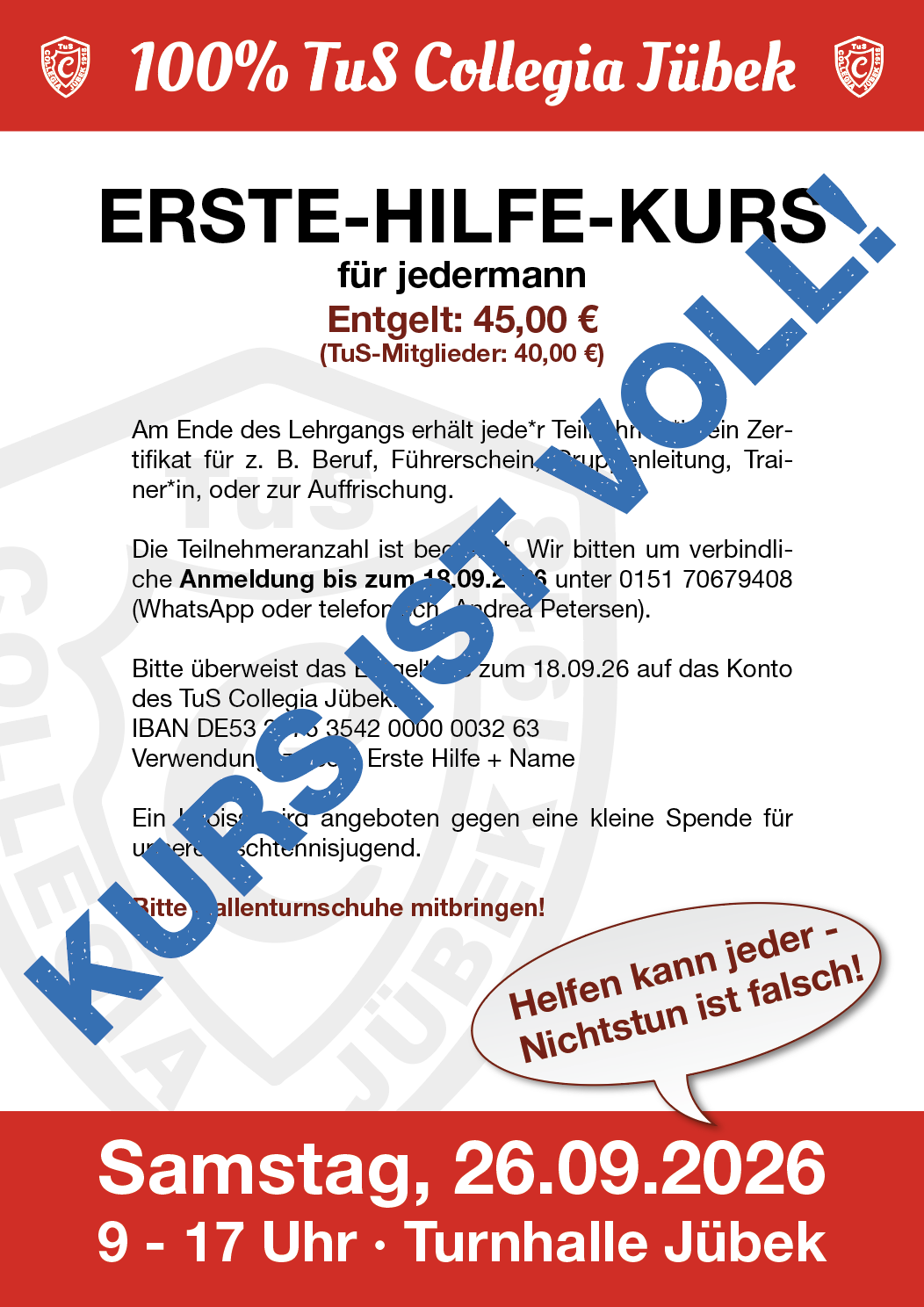 26.09.26: Erste Hilfe Kurs ist voll